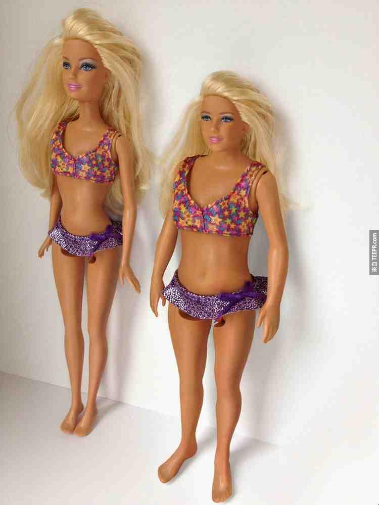 如果芭比娃娃的身材比例跟正常人一樣的話，那就會長的像右邊那個。芭比娃娃，你把標準設定的太高了！
