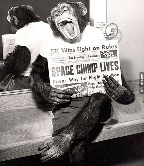 一只大空猴子在去完一趟外太空回来后的胜利姿态 - 1961