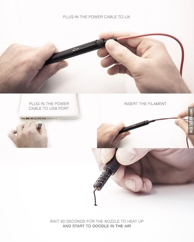 只要花几分钟，笔里面的塑胶就会加热到你可以开始创作的地步。这支笔只要用USB就可以供电了。