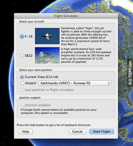 Google Earth 飞行模拟器开启方式  你只要在 Google地球的视窗里，然后按 Ctrl + Alt + A (Mac上 Cmd + Opt + A)　就可以选择 F-16或是SR22飞机囉！这是飞机控制指南。如果你有遥控器的话，你也可以用遥控器飞喔！