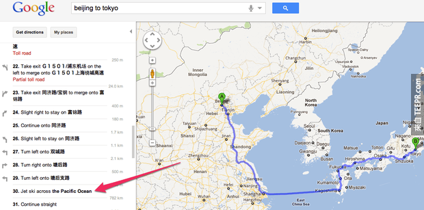 Google Maps jet-ski advice Google地图会叫你骑水上摩托车过海。  如果你想要搜寻从台北怎么去东京的话，Google Maps会要你过海的时候骑水上摩托车或是用游的。