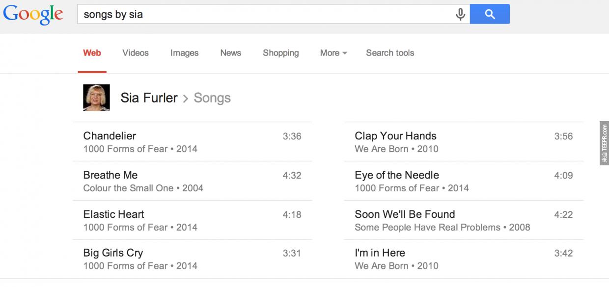 #13. 你可以利用 Google 找到你最爱的乐团所唱的歌。 