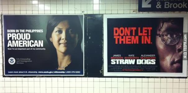 左边：菲律宾移民广告。右边："Don't Let Them In" (不要让他们进来)《暴力正义》。