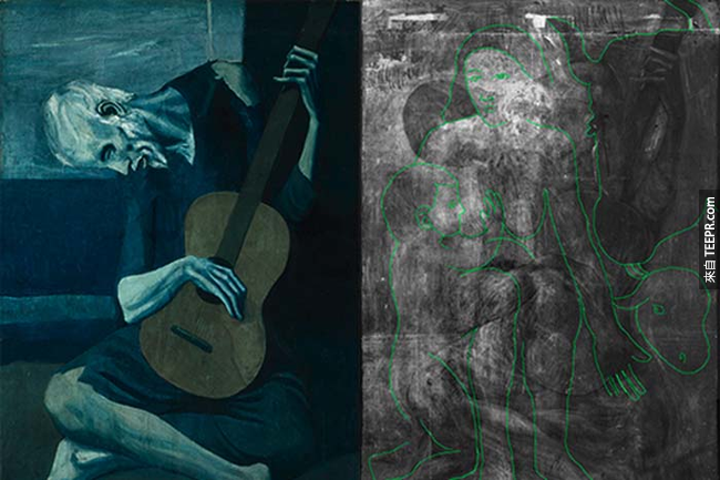 2. 畢卡索(Picasso)的《老吉他手》(The Old Guitarist)背後的圖案。