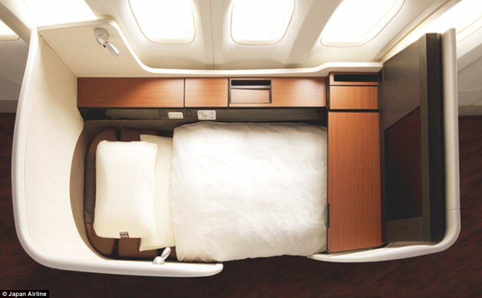 Japan Airlines first class sleeping pod as viewed from above which allows you privacy while you sleep. They came 11th in the survey.