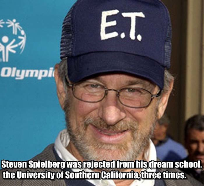 10. 史蒂芬·史匹柏(Steven Spielberg)：史蒂芬·史匹柏曾經被他夢想中的學校南加州大學(USC)拒絕申請入學3次。