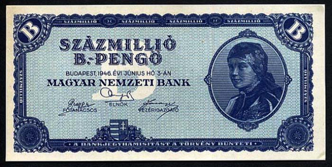 23.) Hungary - 100-Million-Billion Pengo Note.