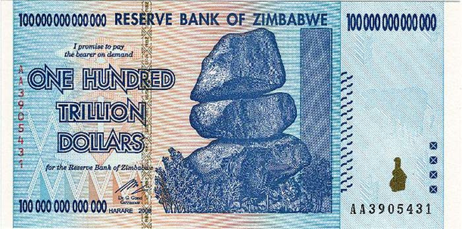 1. 辛巴威(Zimbabwe)：1兆的钱币。