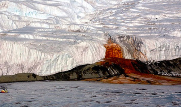 22. 淌血的冰川：在南极(Antarctica)，氧化的铁会让水看起来是流出来的血，这血被称为「血瀑布」(Blood Falls)。