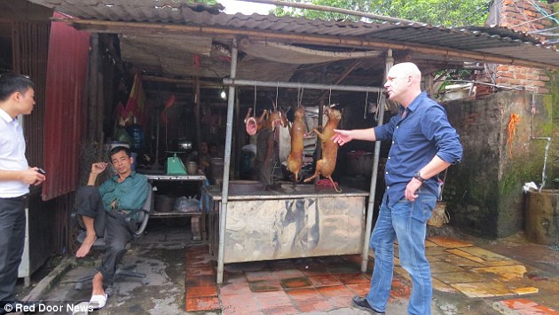 Simon Parry (right) confronts an employee at the dog meat shop (centre, in green shirt) about the sale of stolen family pets for food as two cages of traumatised live dogs sat nearby