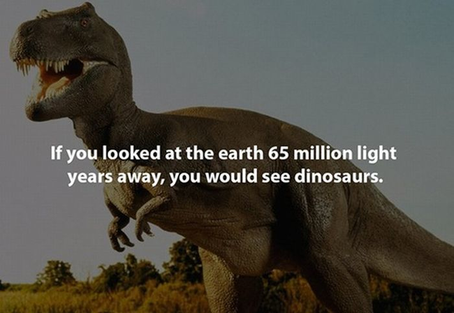 2.) 如果你在距离地球6,500万光年的地方看地球，你就会看到恐龙。