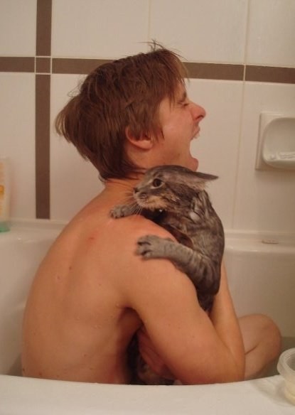 19. 这个男人以为跟猫咪一起洗澡会很有趣，他现在应该后悔到不行了...