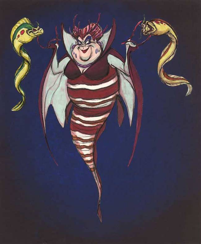 6.) 在這部動畫進行製作的期間，海中女巫Ursula原本被設計為身上有許多尖刺的、像毒蠍一般的魚，外型完全不同於最後呈現出來的八腳章魚壞女巫啊！