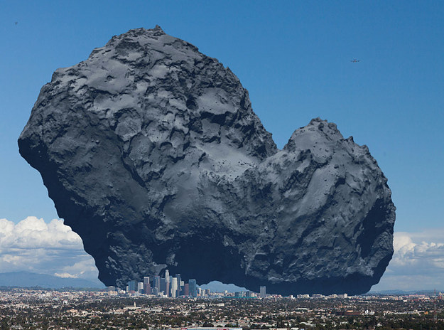 这是彗星。我们刚在一个彗星上放置探测器。这是彗星相较于洛杉矶的大小。