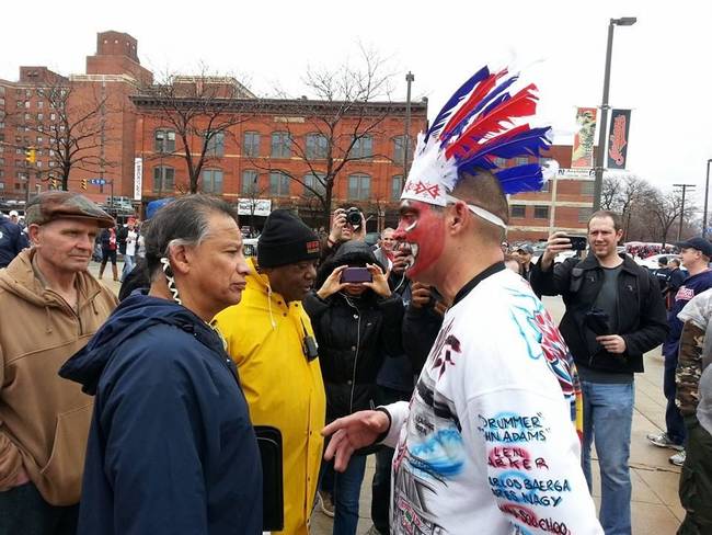 7.) A Cleveland Indians fan, dressed up, meets a real Native American. I wonder how this conversation went?