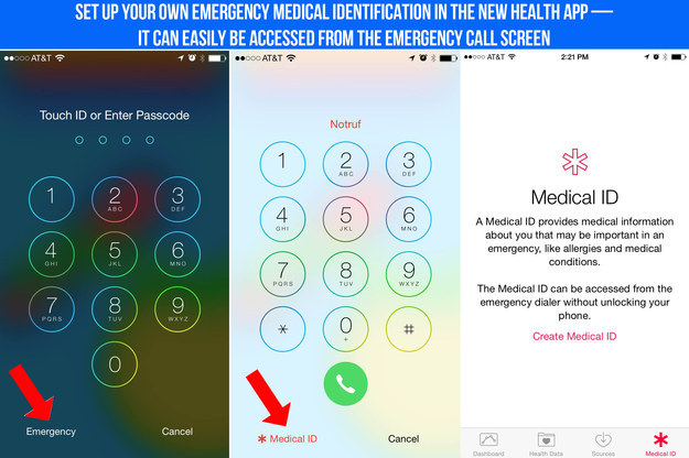 可以在手机锁定时的密码页面显示你的「医疗卡」，紧急情况时让他人能够了解你对什么药物过敏或目前的用药情况。