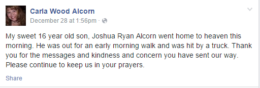 Leelah的妈妈也在Facebook上说道：「我16岁可爱的孩子今早去了天堂，他一早出门结果被卡车给撞上了。谢谢大家的关心和讯息。请继续帮我们祈祷吧！」