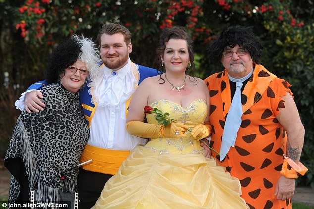 Toni's parents Lynn (left) and John (right) happily went along with the theme, dressing as Freddie Flintstone and Cruella de Vil