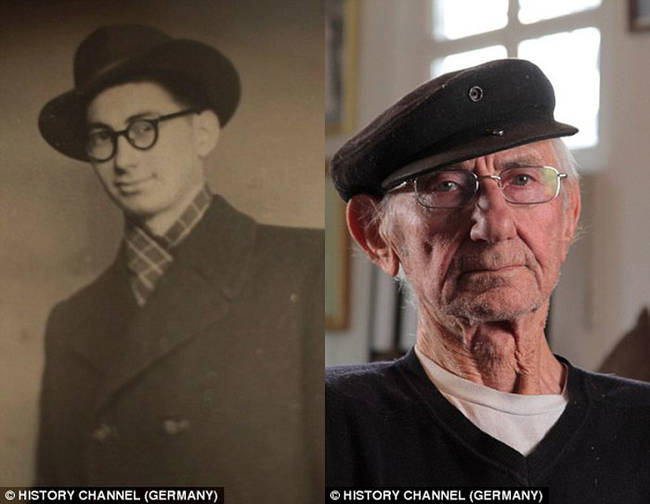 On the left is a photo of Joshua Kaufman before he and his family were taken by the Nazis. On the right, 70 years after he was freed, Kaufman is 87.