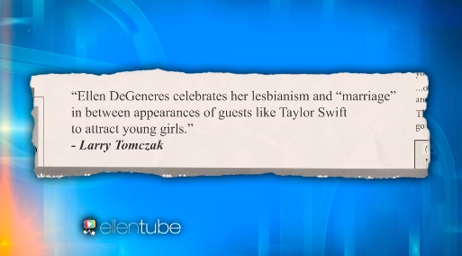 在牧师Larry的文中，他表示：「艾伦·狄珍妮在像是泰勒丝 (Taylor Swift) 等的来宾面前，庆祝她的女同性恋性向还有『婚姻』，来吸引年轻的女性。」