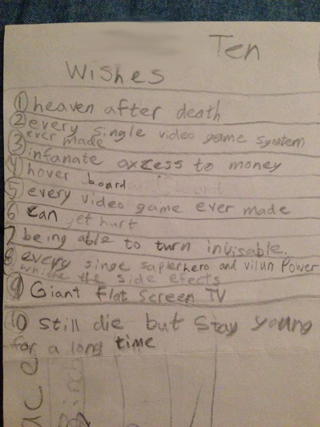 这位6岁小孩的10个愿望。