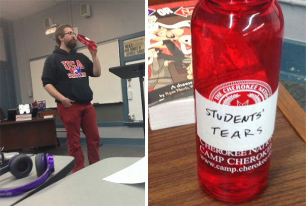 下課時間時，學生發現到老師正在喝這一瓶...
