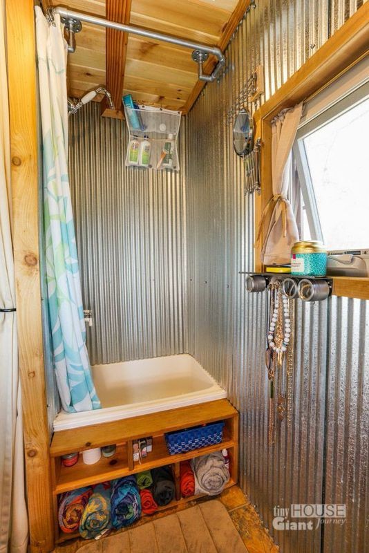 Here's their bathroom with a shower and toilet.