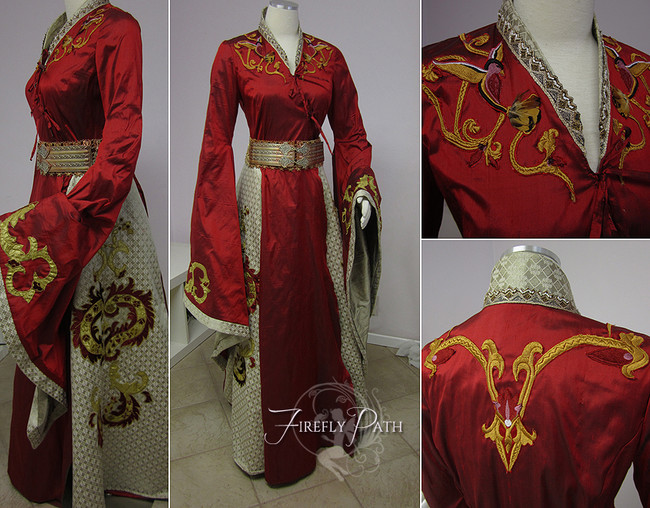 Cersei Lannister's gown from <i>Game of Thrones</i> got a Firefly Path twist with some original detailing. The embroidery was designed specifically for the gown and even has real feathers in the birds' tails.