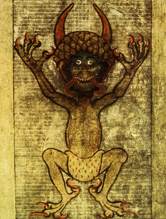 Around midnight, the monk decided he probably couldn't finish the whole history of all known things in one night, so he prayed, not to God, but to the Devil. Satan agreed to help. All it would cost was the monk's soul. The monk drew this picture of Lucifer as a tribute to his nefarious savior.