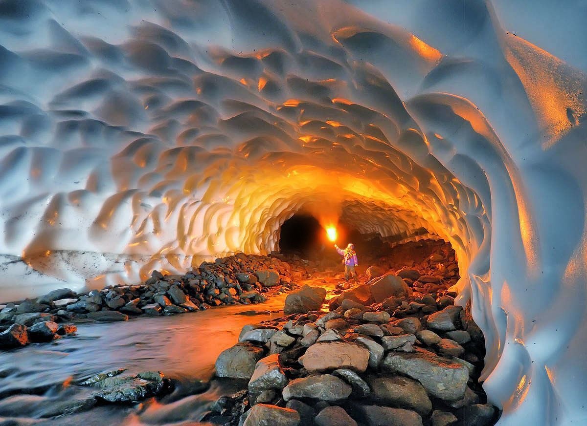 An ice cave made by a volcano.