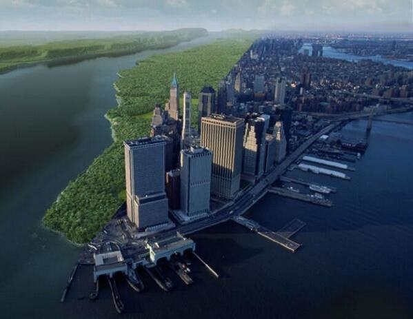 Present day Manhattan next to what it looked like over four centuries ago.