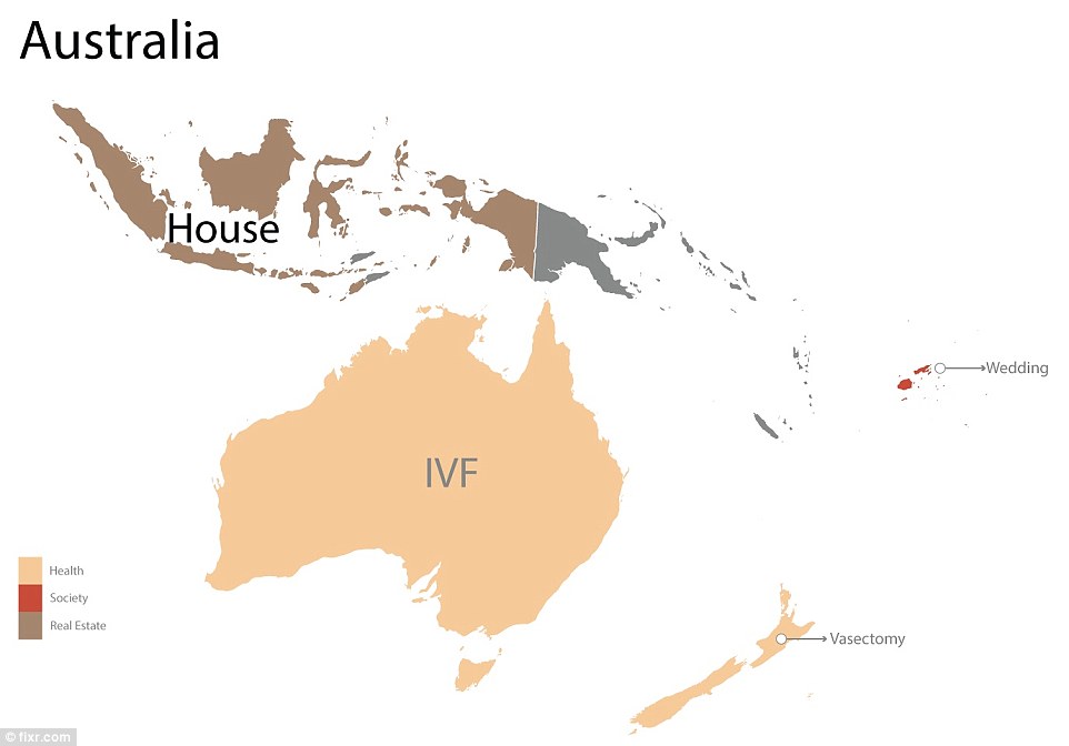 The price of IVF is a major concern in Australia, while conversely, a popular search is how much a Vasectomy costs in New Zealand, according to Google searches shown on the map (pictured)