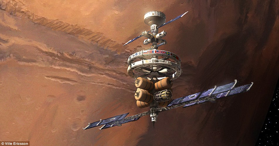其他圖片中也描繪了環繞著火星的太空站，與國際太空站 (ISS) 有非常相似之處。除了有龐大的燃料箱以外，太空站還可以透過太陽能獲取能量，也會提供人造重力來讓機組人員能夠在上頭停泊。