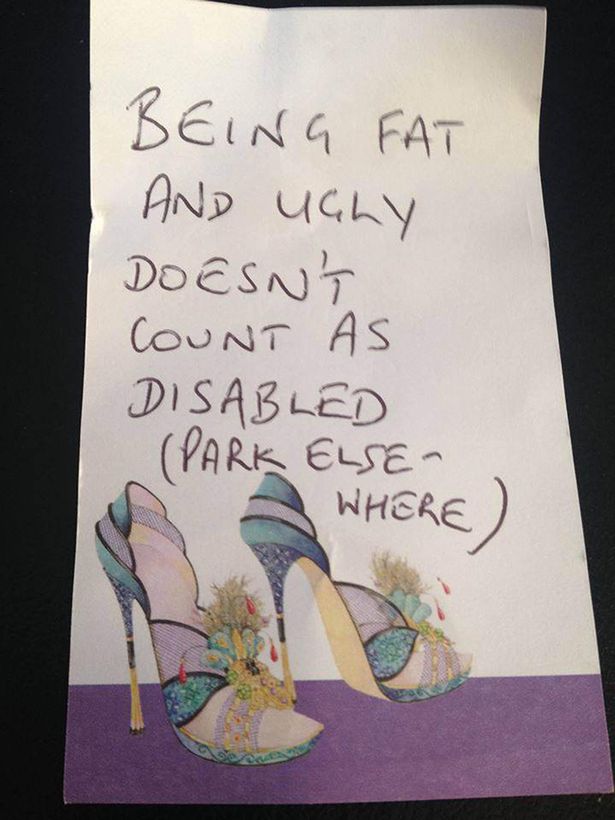Sarah Metcalfe, who suffers from fibromyalgia, used a disabled parking space in Tesco and was left heartbroken to find a note on her car saying 'being fat and ugly doesn't count as disabled - park elsewhere'
