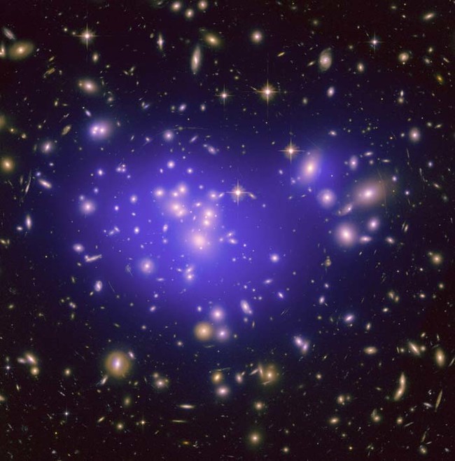 The purple area here highlights the distribution of dark energy in this galaxy cluster.