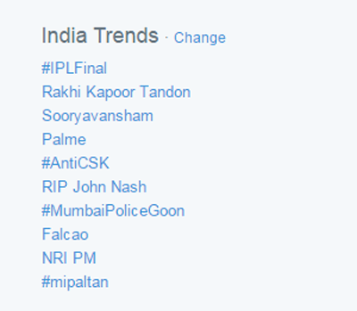 Within a few hours, she was one of the most talked about topics on Twitter, second only to the generic #IPLFinal hashtag.