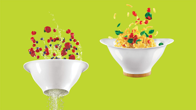 A colander with a screw-on base that turns it into a serving bowl.
