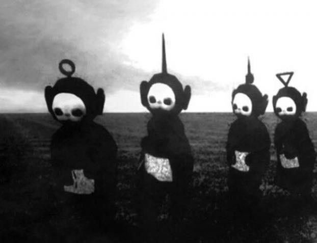 How terrifying the Teletubbies look in black and white.