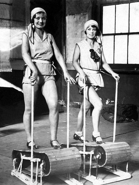 The treadmill has come a long way. Here is one from the 1920s made from wooden slats. 