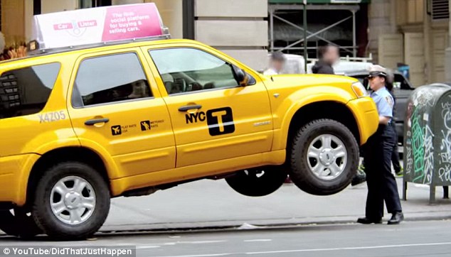 Easy peasy: Jenni' plays a meter maid in the Big Apple being put upon by a rude cab driver. The cab, meanwhile, has been rigged to make it look like Jenni's able to lift its front end up with her bare hands
