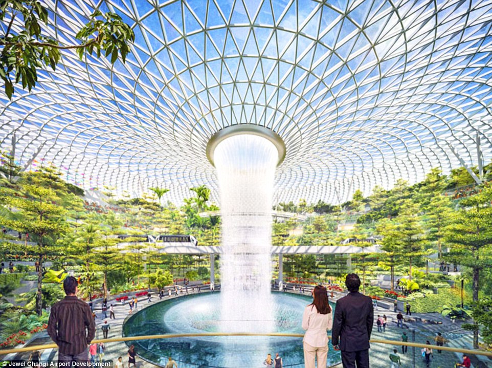 Terminal 4's main feature at Singapore Airport will be a giant waterfall from the roof