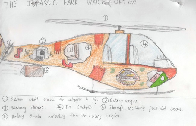 Michael also drew a picture of his helicopter, because any Jurassic Park employee worth his salt has a helicopter.