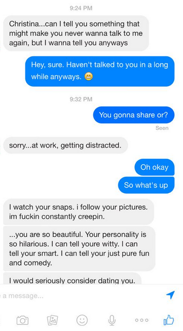 Yesterday, she was contacted by a man online who sent her the following messages: