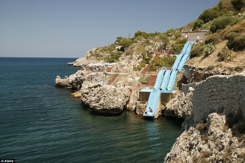 Guests at the Citta del Mare Hotel Resort finish their journey along the 11 slides on offer with a landing in the Mediterranean Sea