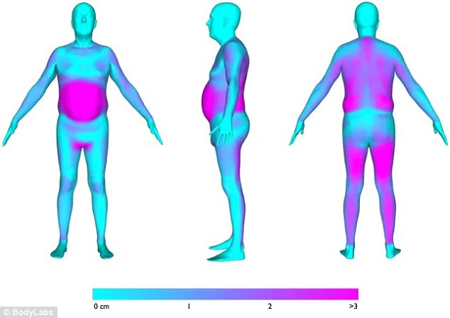 A heatmap comparison of person 2 to person 1. The heatmap coloring represents the point-to-point distances between the same points on both of their bodies. Blue means their bodies were the same, and hot pink means they differed greatly. You can see their bodies varied most in their stomachs, backs and back of legs