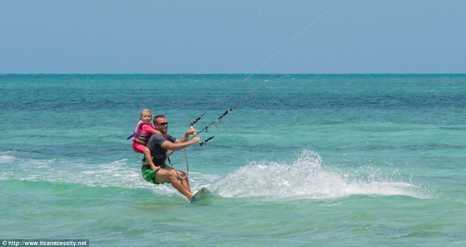 After watching dad, Eden, learn to kiteboarding in the Dominican Republic, Arias has wanted to try, starting out piggy backing for her first ride