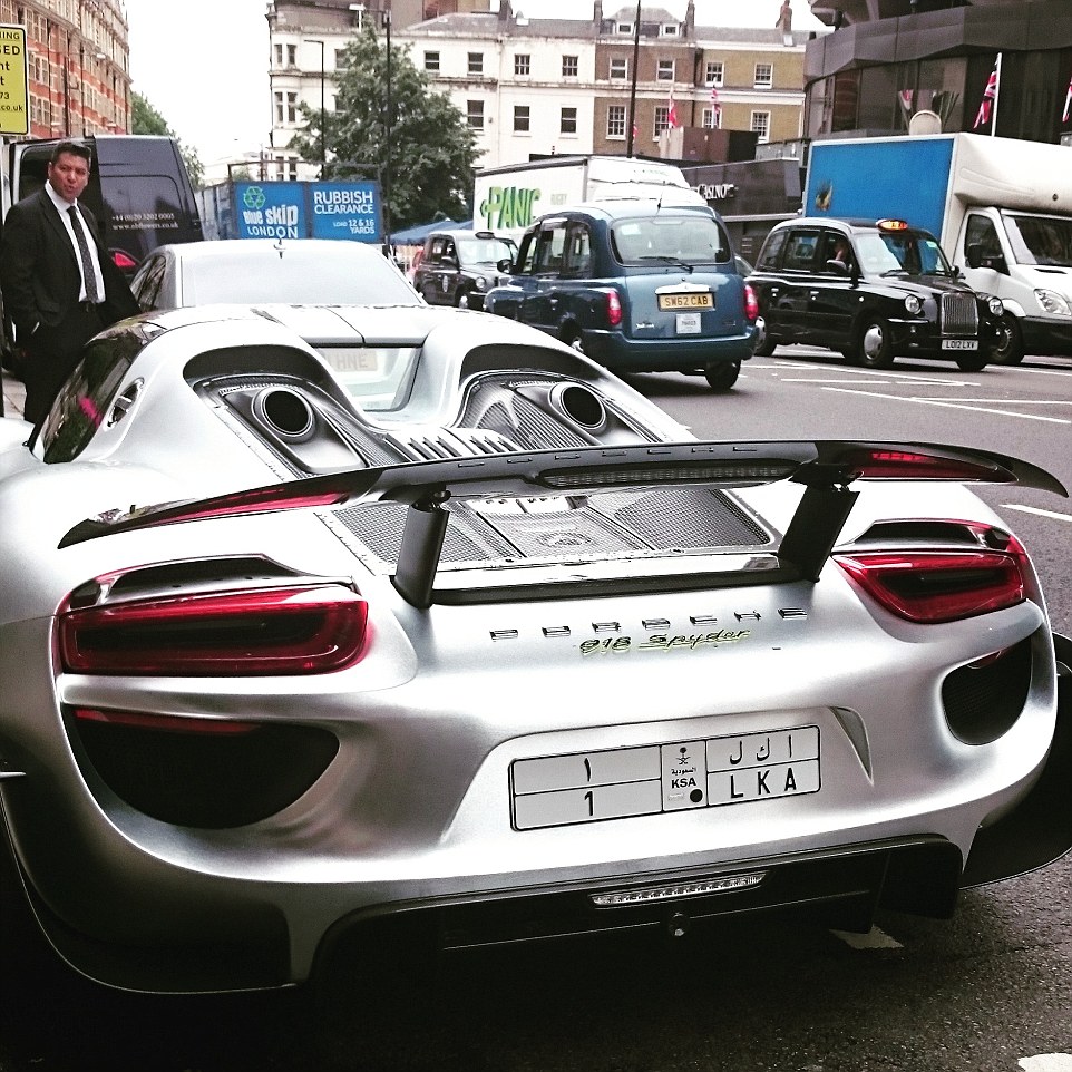 This silver Porsche 918 Spyder with Saudi Arabian numberplates was pictured parked up in Knightsbridge. It has a top speed of 210mph and is worth around £550,000