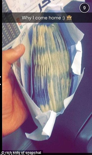 Another snap shows an envelope full of cash with the words: 'Why I come home'