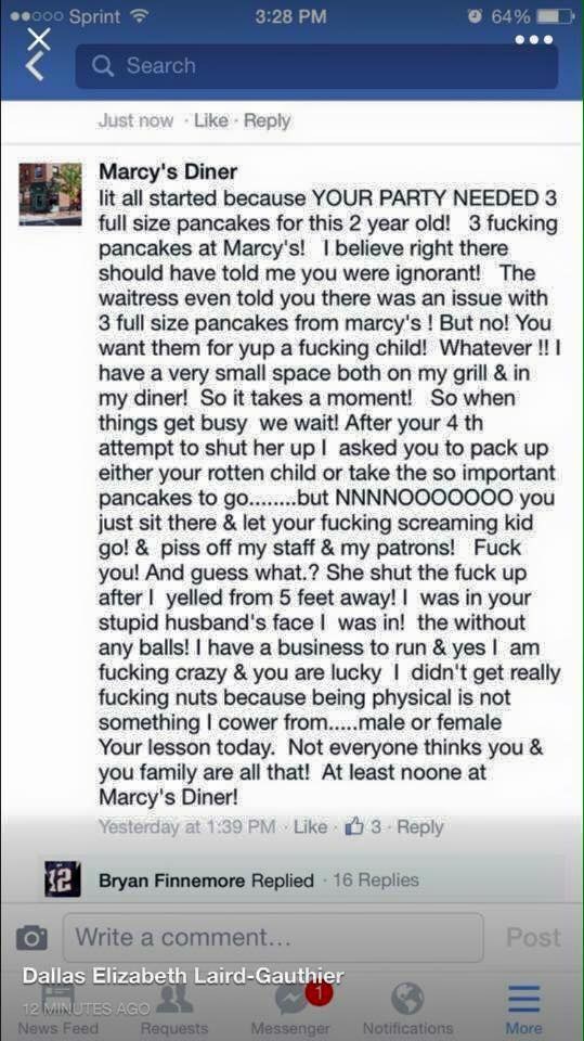 Marcy's Diner's Facebook commented on Carson's post, writing that the whole incident started when the Carsons ordered too many pancakes.
