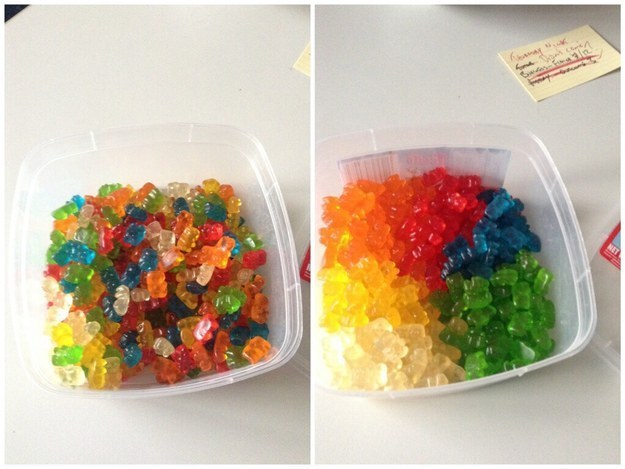 These gummy bears, separated by colour.